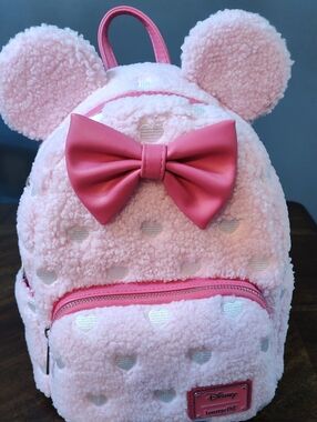 Disney Pink Sherpa Mini Mouse Hearts Mini Backpack ----🍓🍓🍓scented‼️‼️